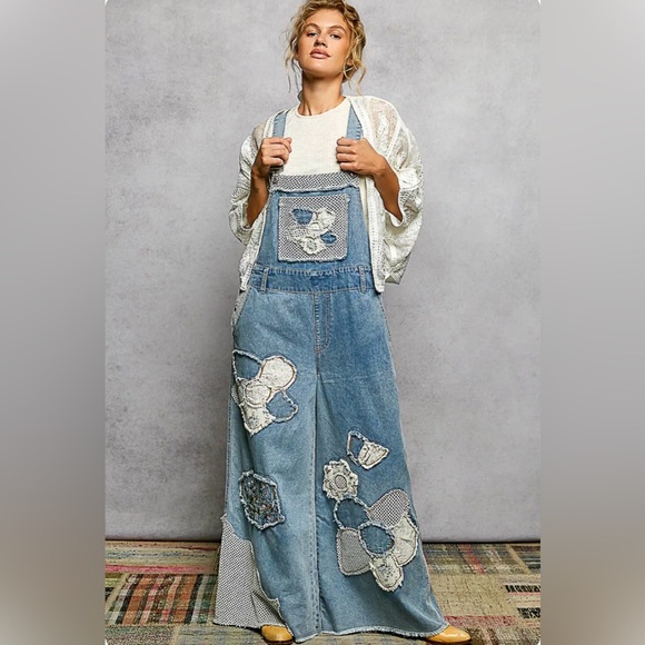 POL Denim - POL NWT Wide-Leg Alice Patchwork Overalls Size Large